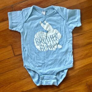 Rabbit Skins Bunny 12M Onesie | “Little Brother” | Light Blue Easter Bodysuit